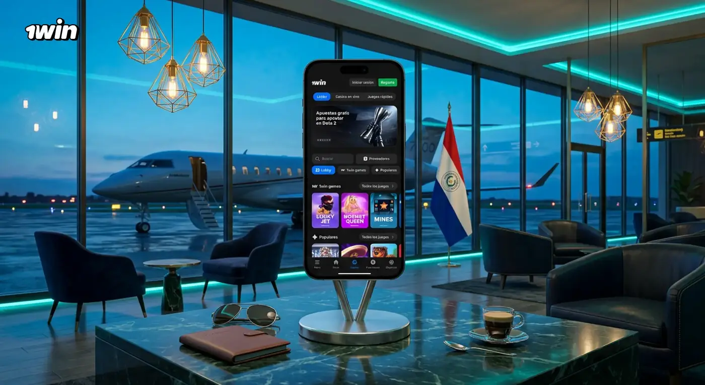 Celular con la app de 1win sobre una mesa en una sala de aeropuerto con la bandera de Paraguay