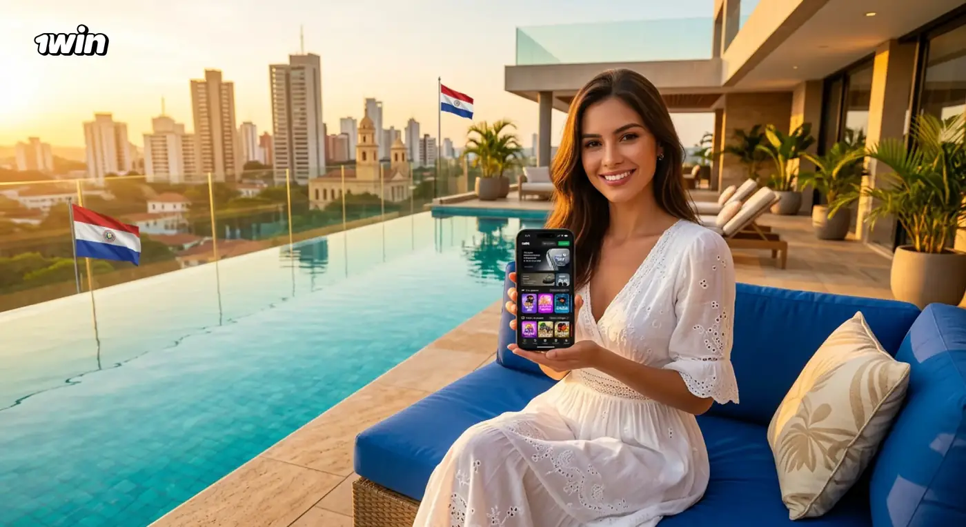 Mujer en una terraza con piscina y vista a Asunción muestra la app de 1win en su celular junto a la bandera de Paraguay